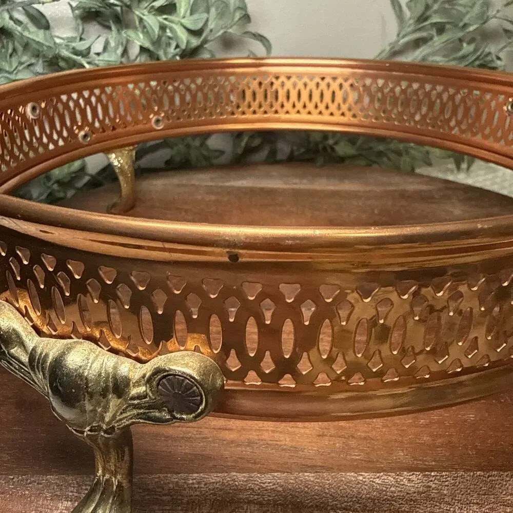Copper Brass Gallery Bowl Holder Casserole Stand Footed Hollywood Regency Vtg